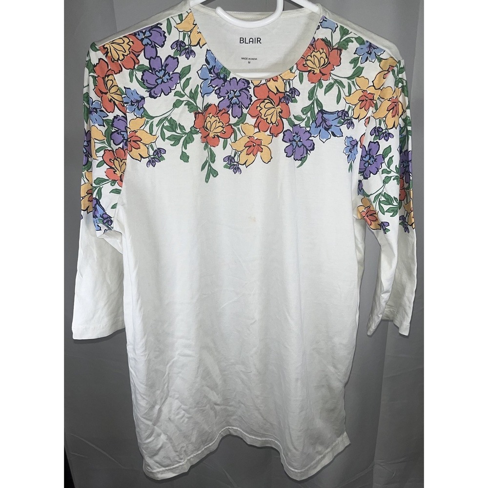 Blair Floral 3/4 Sleeve Cotton T-Shirt White Blue Yellow Casual Top Medium